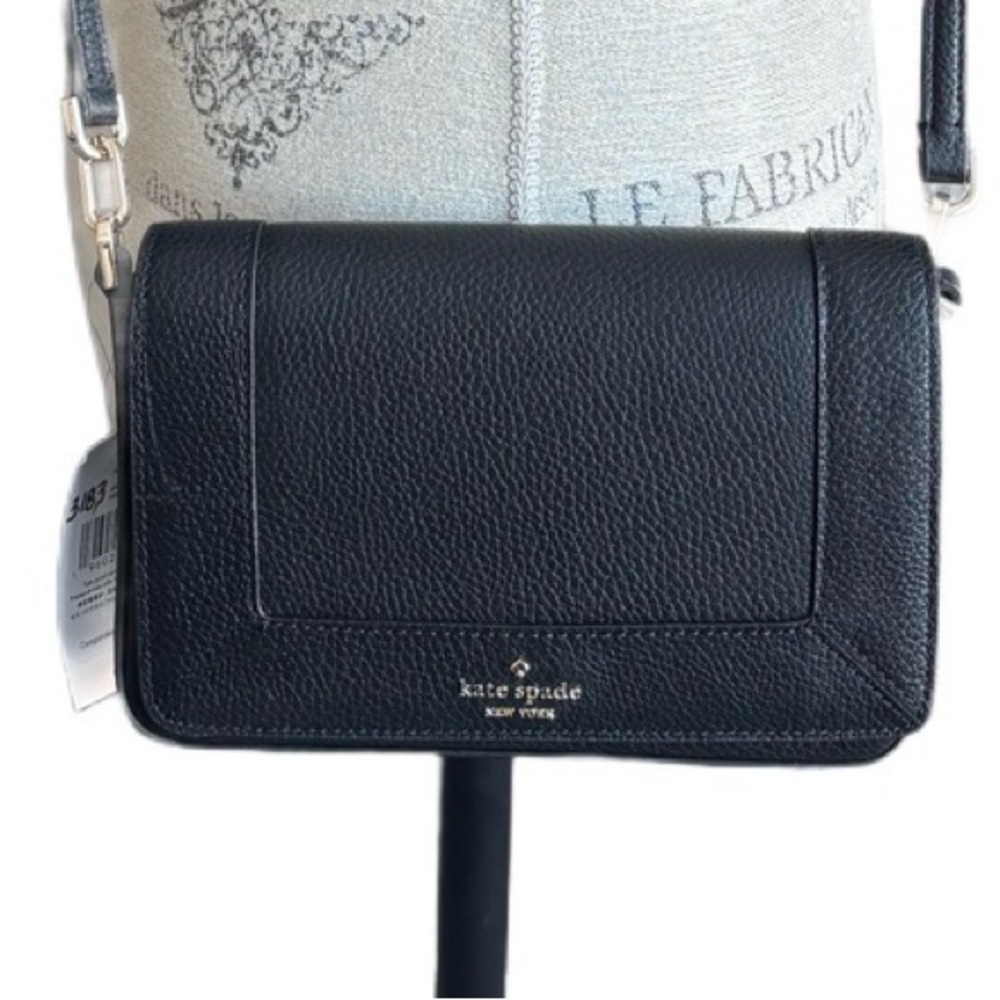 NWT Kate Spade Lena Mini Flap Crossbody Bag in Black Pebbled Leather